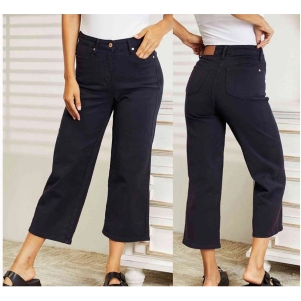Judy Blue High Waisted Cropped Wide Leg Jeans Navy Sz 3/26‎ Garment Dyed JB88807